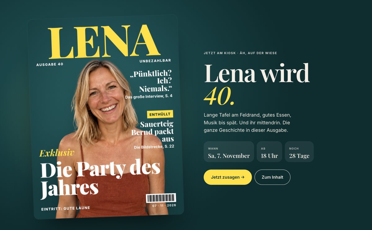 Demo-Seite zum 40. Geburtstag von Lena im Magazin-Look